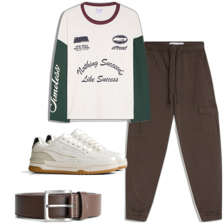 Outfit hombre - Casual look. Estilo Casual para Todos los días. Combinación con camiseta, sneakers, cinturones, pantalones cargo.
