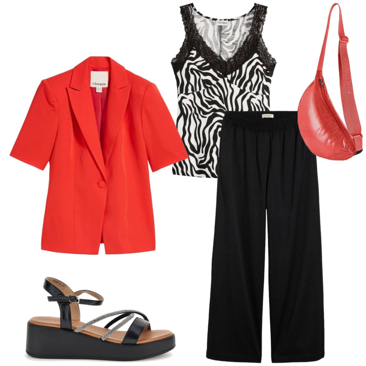 Outfit donna - Total look #2414376. Stile Casual chic per Tutti i giorni. Abbinamento con pantaloni a palazzo, blazer, top, borse a tracolla, sandali.