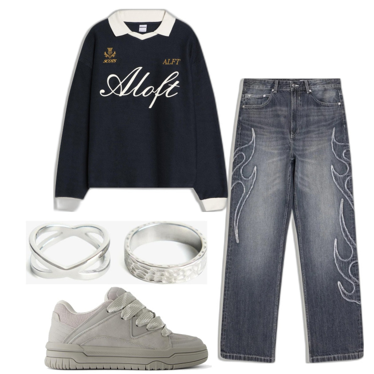 Outfit hombre - Casual look. Estilo Casual para Todos los días. Combinación con polo, anillos, vaqueros, sneakers.