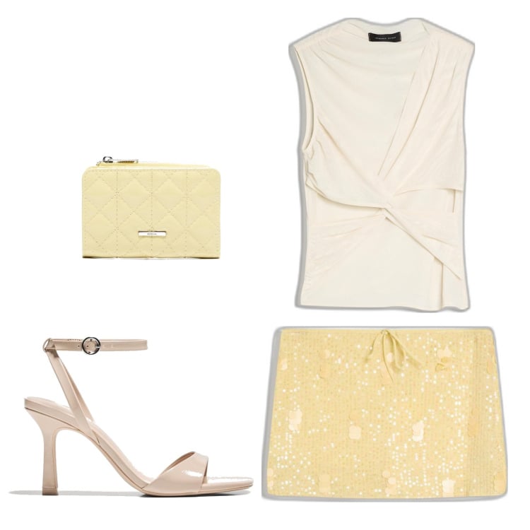 Outfit mujer - Glamour look. Estilo Glamour para Noche/Fiesta elegante. Combinación con sandalias de tacón, top, monederos, faldas.