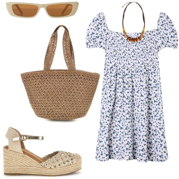 Outfit donna - Stile retrò. Stile Romantica per Tutti i giorni. Abbinamento con vestiti corti, occhiali da sole, collane, zeppe, borse a spalla.