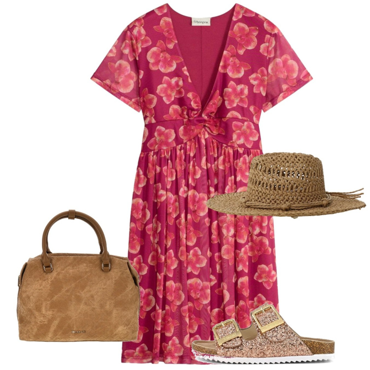 Outfit donna - Passeggiata in città. Stile Bon Ton per Tutti i giorni. Abbinamento con vestiti, cappelli, sandali, borse a tracolla.