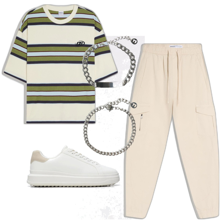 Outfit hombre - Urban style. Estilo Urban para Todos los días. Combinación con camiseta, pulseras, pantalones cargo, sneakers.