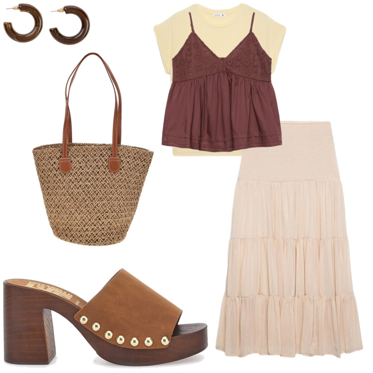 Outfit donna - Stile retrò. Stile Boho per Tutti i giorni. Abbinamento con orecchini, canottiere, gonne lunghe, t-shirt, zoccoli, borse a spalla.