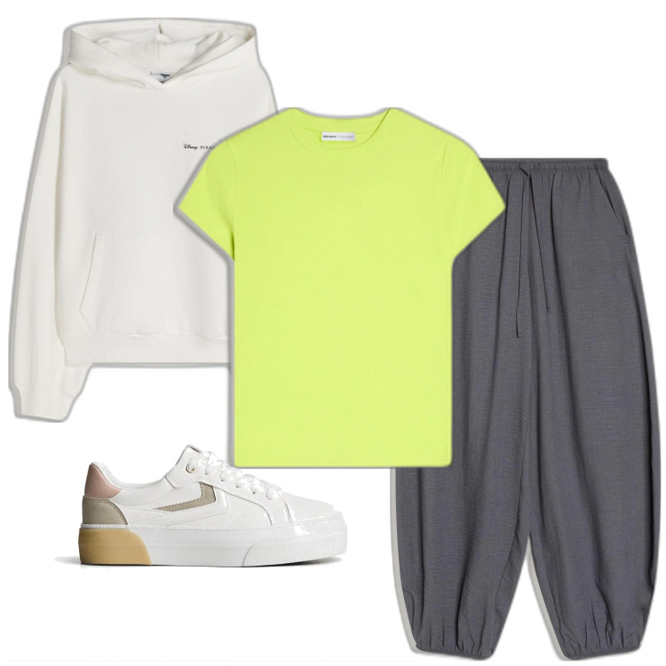 Outfit mujer - Casual look. Estilo Casual para Todos los días. Combinación con sudaderas con capucha, sneakers, pantalones, camiseta.