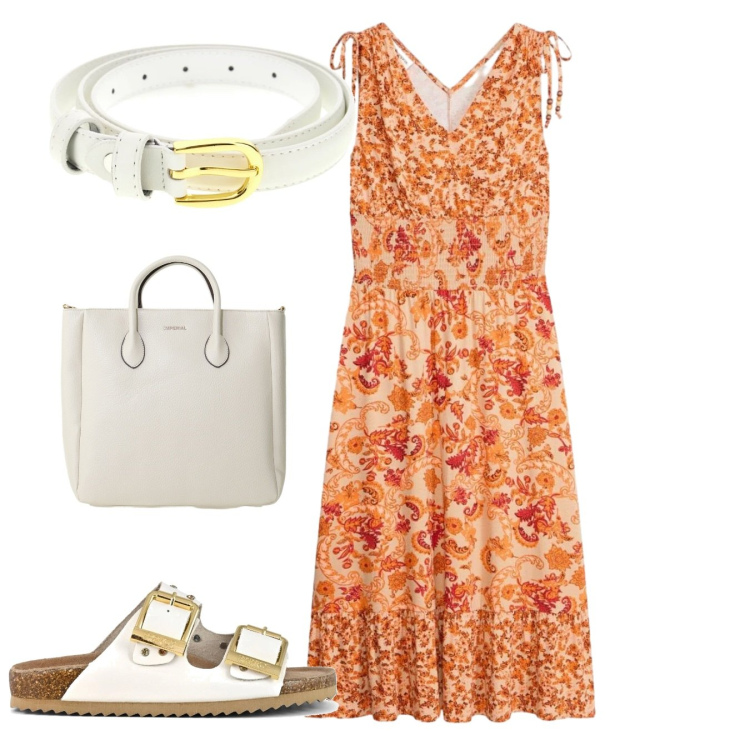 Outfit donna - Orange flowers. Stile Romantica per Tutti i giorni. Abbinamento con vestiti, borse a tracolla, sandali, cinture.
