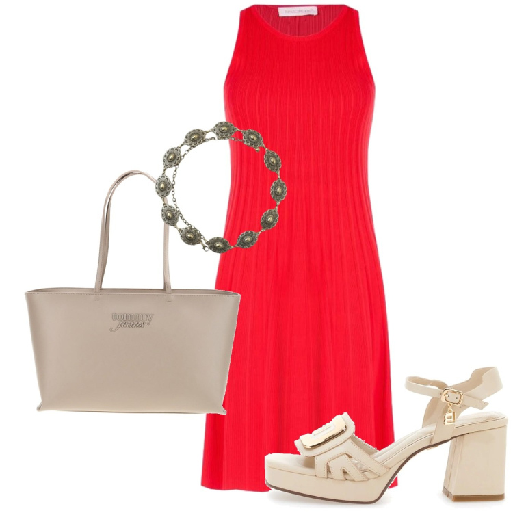 Outfit donna - Red day. Stile Chic per Tutti i giorni. Abbinamento con cinture, vestiti senza maniche, sandali col tacco, borse a spalla.