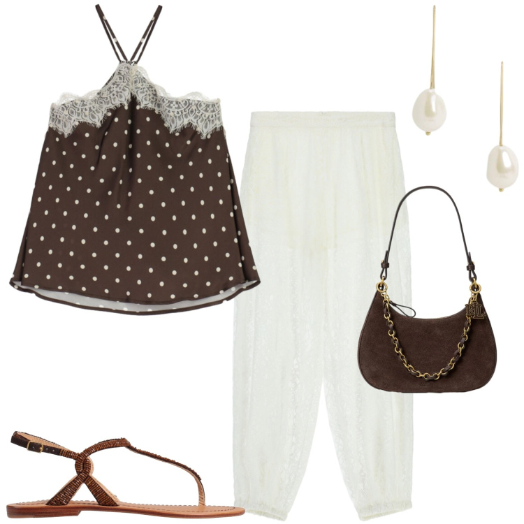Outfit donna - Sere d\'estate. Stile Casual chic per Serata fuori. Abbinamento con infradito, canottiere, pantaloni a palazzo, borse a spalla, orecchini.