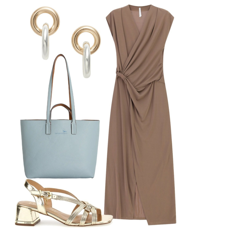 Outfit donna - Noisette. Stile Chic per Serata fuori. Abbinamento con vestiti lunghi, shopping bag, orecchini, sandali in pelle.