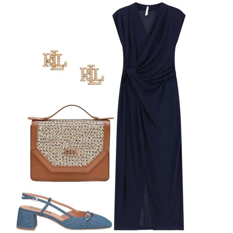Outfit donna - Blu notte. Stile Chic per Serata fuori. Abbinamento con décolleté, pochette, vestiti lunghi, orecchini.