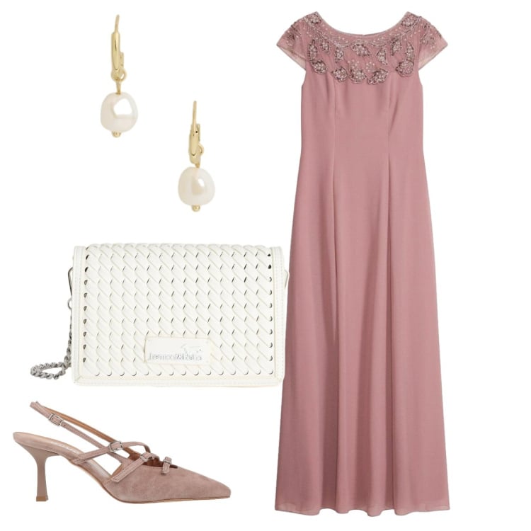 Outfit donna - Cipria chic. Stile Chic per Cerimonia. Abbinamento con décolleté, vestiti lunghi, borse a tracolla, orecchini.