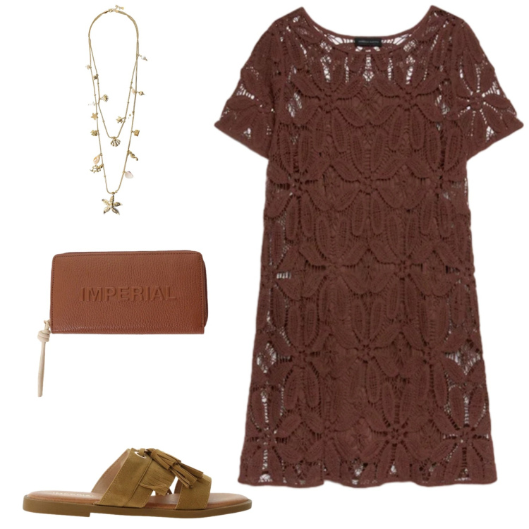 Outfit donna - Sere d\'estate. Stile Casual chic per Serata fuori. Abbinamento con sandali, portafogli, collane, vestiti corti.
