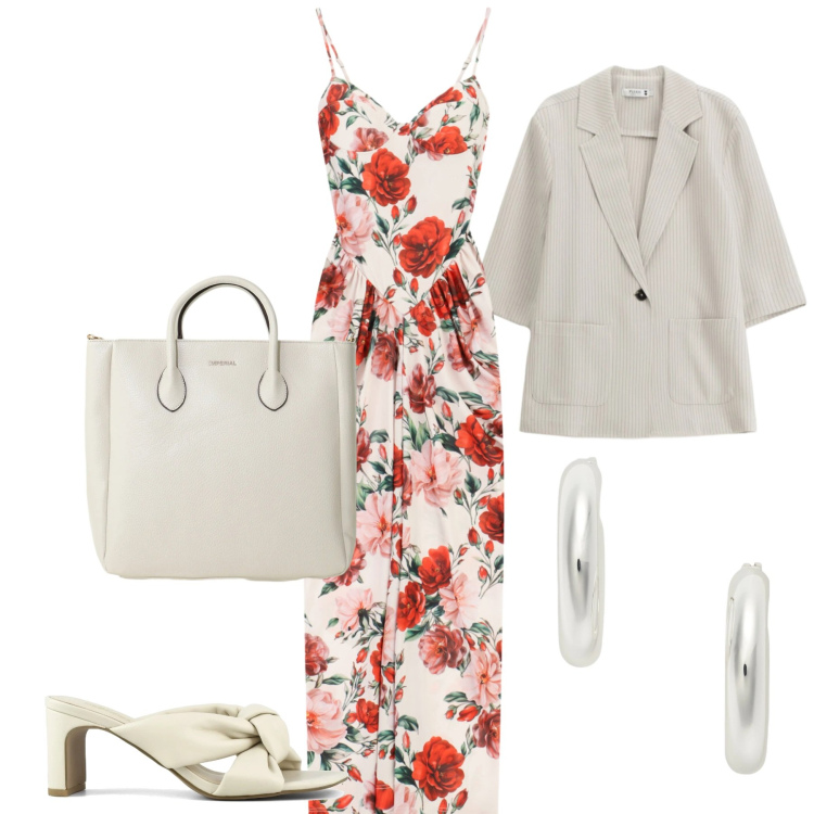 Outfit donna - Fiori di sera. Stile Chic per Serata fuori. Abbinamento con vestiti lunghi, borse a tracolla, blazer, orecchini, sandali col tacco.