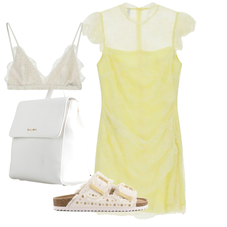 Outfit donna - Graziosa. Stile Bon Ton per Tutti i giorni. Abbinamento con zaini, reggiseni, vestiti corti, sandali.
