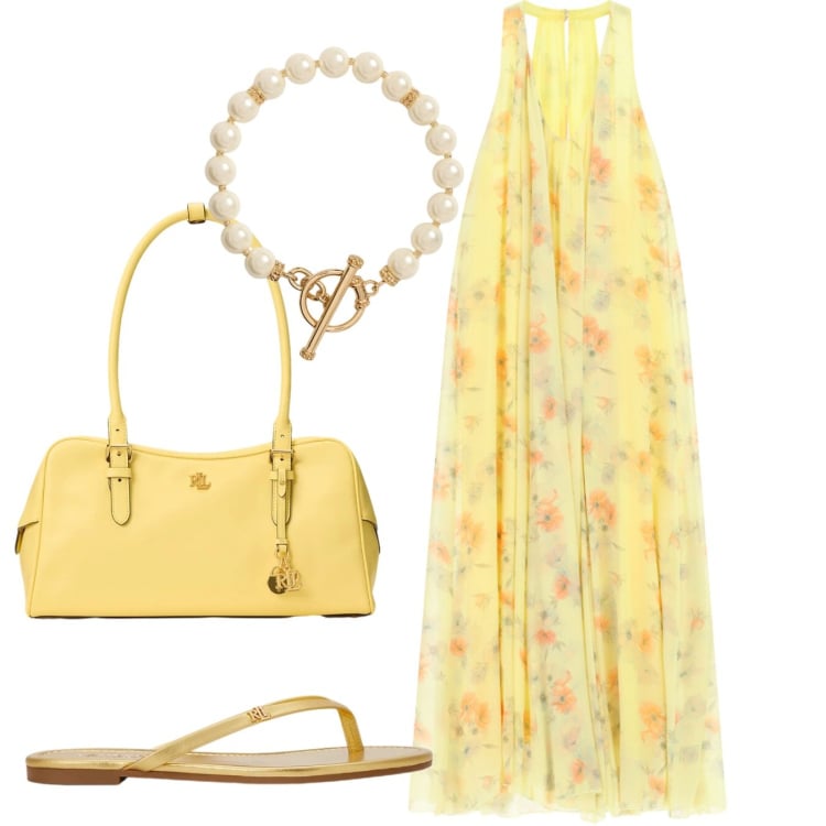 Outfit donna - Estate addosso0. Stile Chic per Tutti i giorni. Abbinamento con vestiti lunghi, collane, borse a mano, infradito.