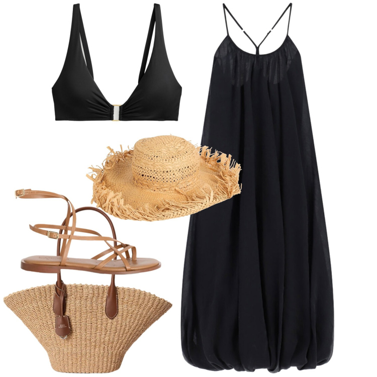 Outfit donna - Accessori naturali. Stile Chic per Mare. Abbinamento con cappelli, vestiti lunghi, sandali in pelle, bikini, borse tote.