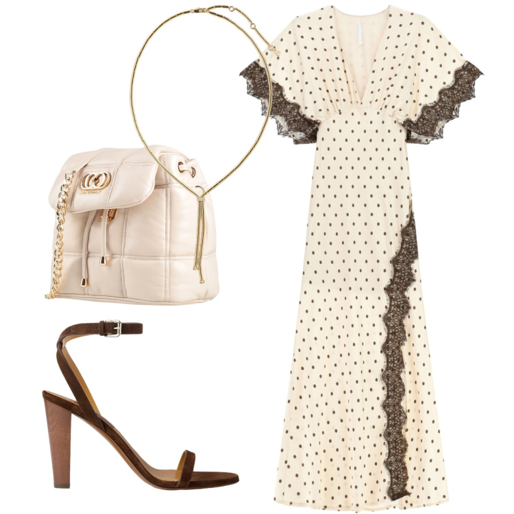 Outfit donna - Pois senza tempo. Stile Chic per Tutti i giorni. Abbinamento con valigie, vestiti lunghi, collane, sandali in pelle.