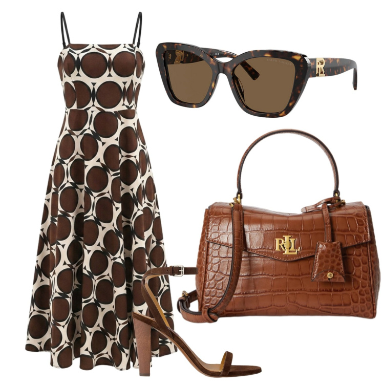 Outfit donna - Brown. Stile Chic per Serata fuori. Abbinamento con vestiti midi/longuette, occhiali da sole, borse a mano, sandali in pelle.