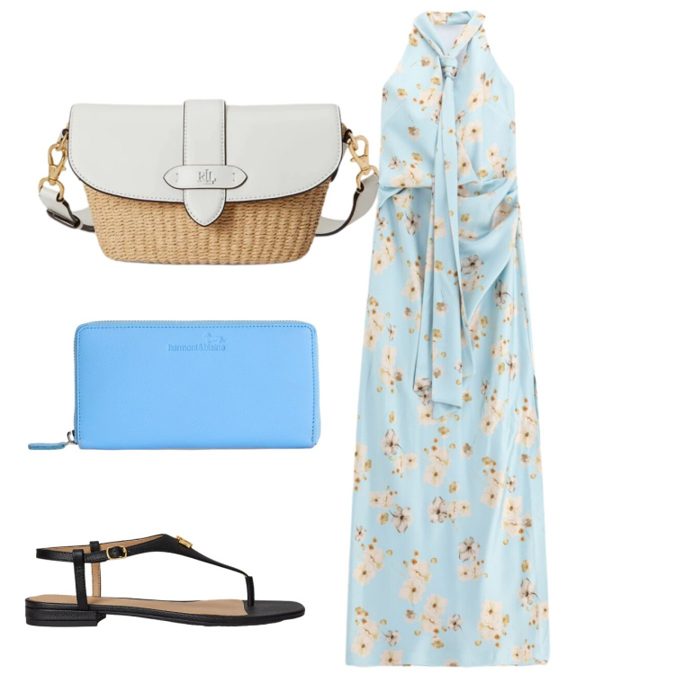 Outfit donna - Pomeriggio cocktail. Stile Chic per Tutti i giorni. Abbinamento con vestiti lunghi, portafogli, borse a spalla, sandali in pelle.