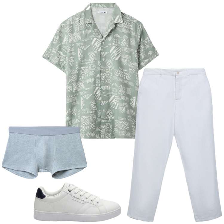 Outfit uomo - Fresh. Stile Casual per Tutti i giorni. Abbinamento con sneakers, camicie a manica corta, boxer, pantaloni chino.