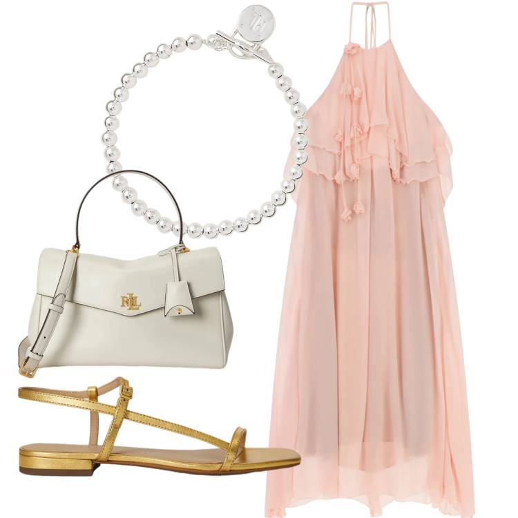 Outfit donna - Rosa tenue. Stile Chic per Cerimonia. Abbinamento con vestiti lunghi, braccialetti, sandali in pelle, borse a mano.