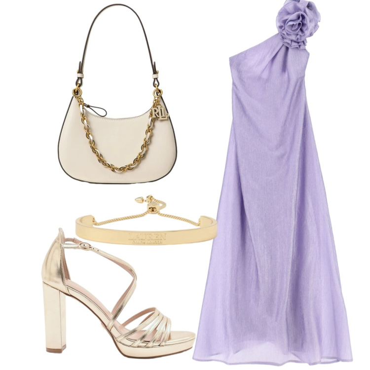 Outfit donna - Glicine. Stile Chic per Cerimonia. Abbinamento con vestiti lunghi, sandali col tacco, borse a spalla, braccialetti.