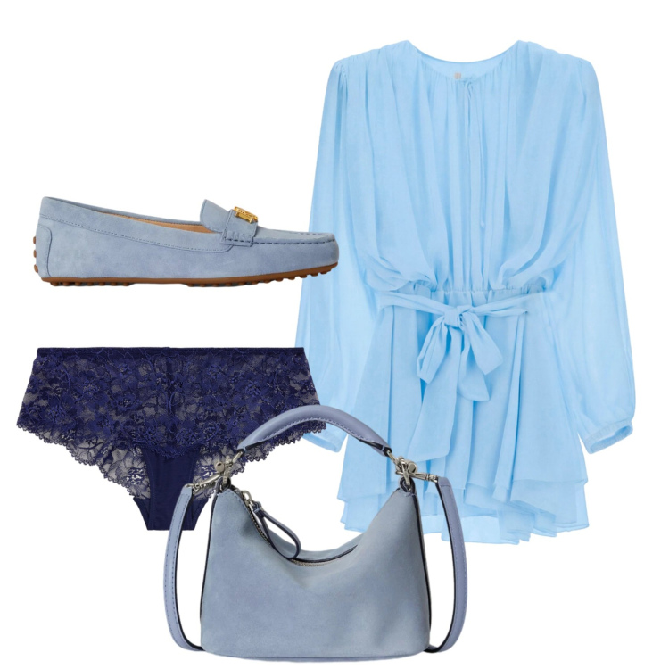Outfit donna - Coordinato in azzurro. Stile Chic per Tutti i giorni. Abbinamento con vestiti corti, borse a spalla, culotte, mocassini.