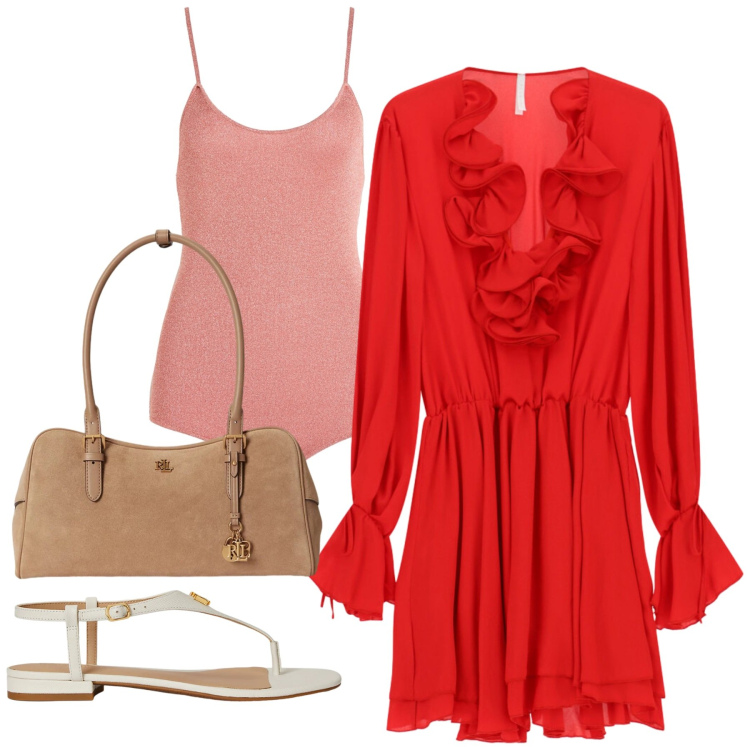 Outfit donna - Rouches in rosso. Stile Chic per Serata fuori. Abbinamento con body, vestiti corti, sandali in pelle, borse a mano.