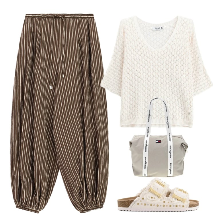 Outfit donna - Tempo lento. Stile Boho per Tutti i giorni. Abbinamento con canottiere, pantaloni a palazzo, sandali, shopping bag.