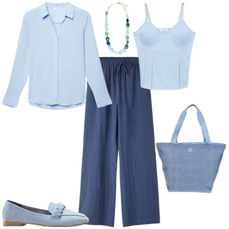 Outfit donna - Casual chic ufficio tempo libero. Stile Casual chic per Tutti i giorni. Abbinamento con mocassini, canottiere, camicie, pantaloni, collane, shopping bag.