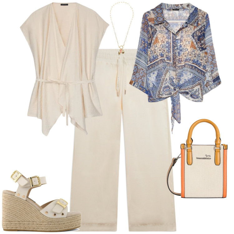 Outfit donna - Casual chic ufficio tempo libero. Stile Casual chic per Tutti i giorni. Abbinamento con borse tote, pantaloni, ciondoli, bluse, caftani, zeppe.