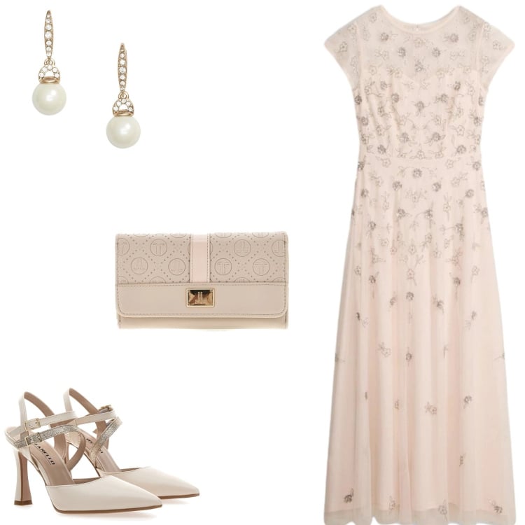 Outfit donna - Come ad un ballo d\'estate d\'altri tempi. Stile Vintage retrò per Cerimonia. Abbinamento con vestiti lunghi, orecchini, décolleté, portafogli.