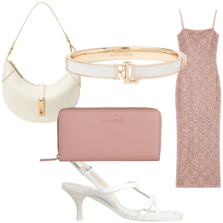 Outfit donna - Inizio d\'estate luminoso. Stile Glamour per Serata fuori. Abbinamento con infradito, vestiti lunghi, portafogli, borse a spalla, braccialetti.