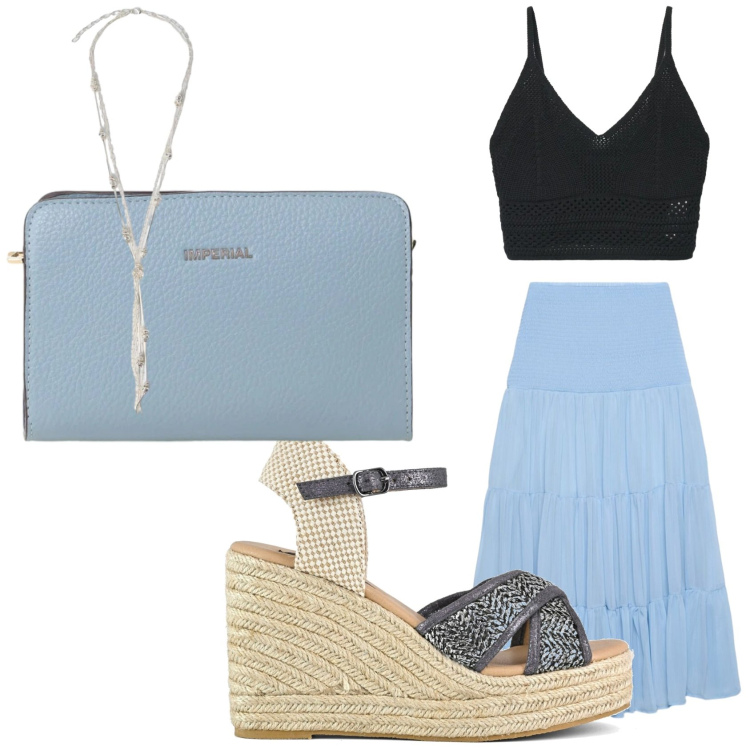 Outfit donna - La gonna lunga retro\'. Stile Romantica per Tutti i giorni. Abbinamento con gonne lunghe, top, borse a tracolla, collane, zeppe.