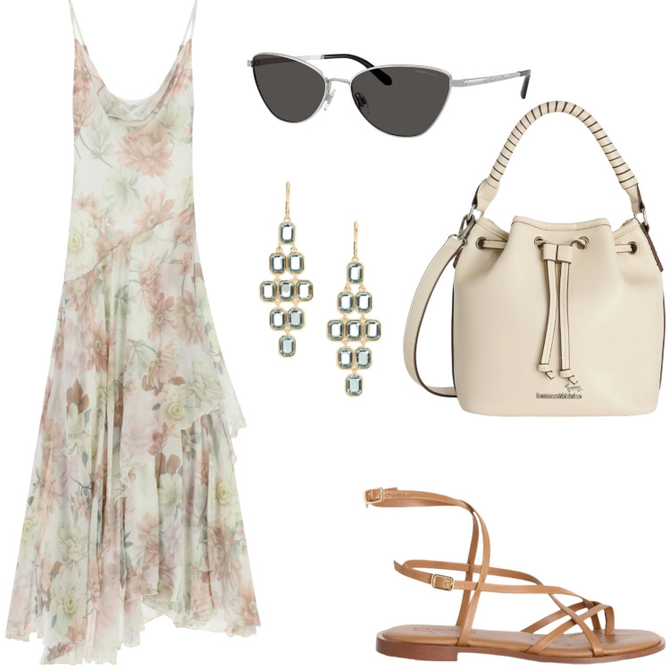 Outfit donna - I toni primaverili. Stile Glamour per Serata fuori. Abbinamento con vestiti lunghi, sandali in pelle, borse a secchiello, occhiali da sole, orecchini.