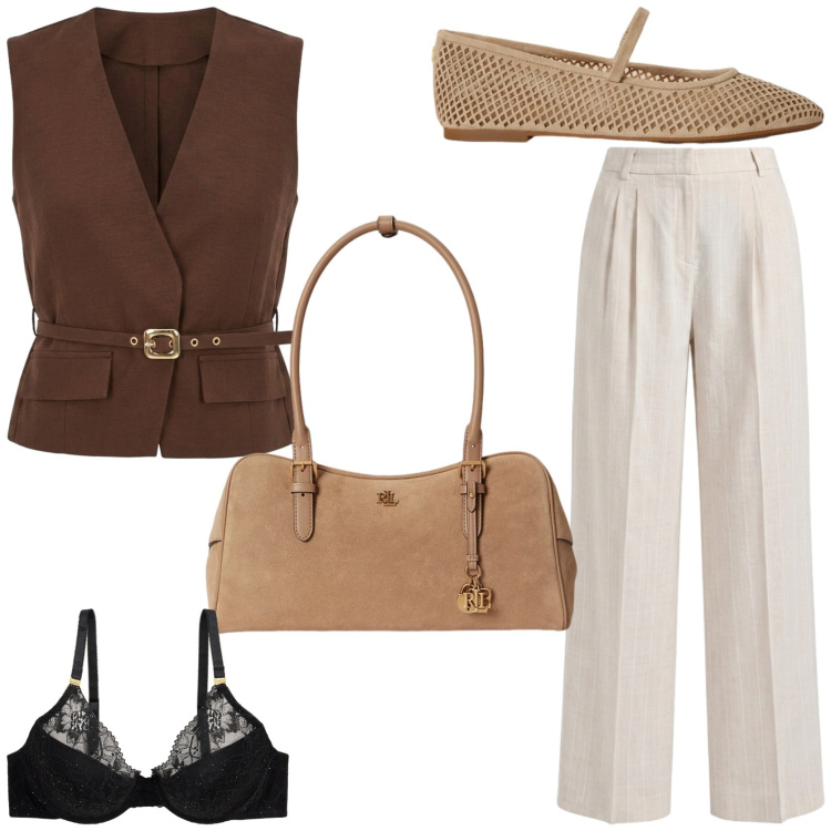Outfit donna - Look fresco e curato. Stile Chic per Tutti i giorni. Abbinamento con gilet, pantaloni, ballerine, reggiseni, borse a mano.