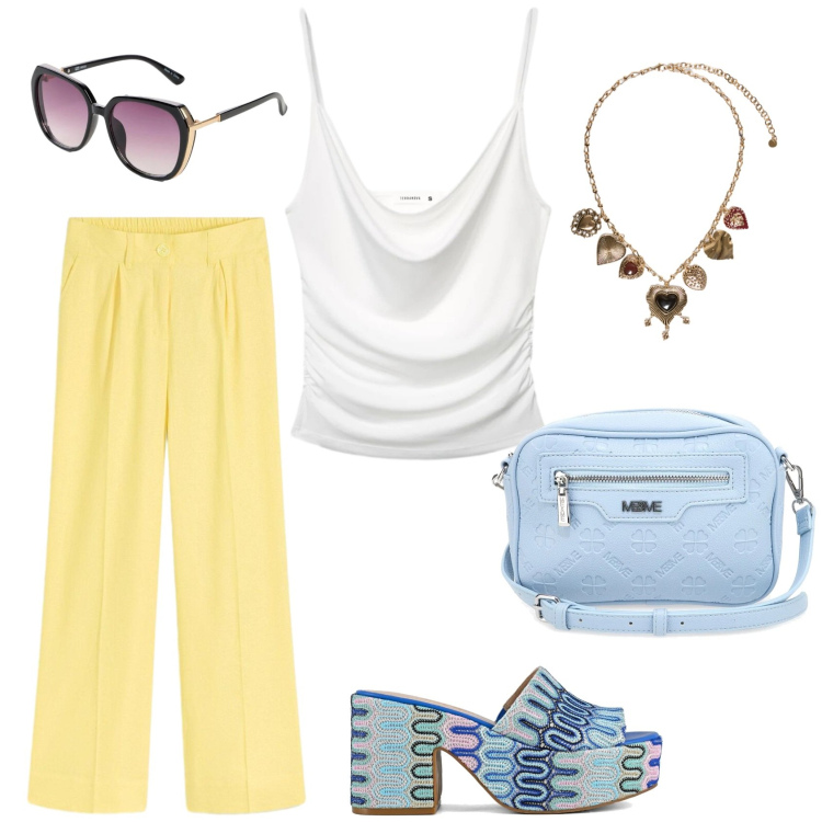 Outfit donna - I pantaloni in lino. Stile Casual chic per Tutti i giorni. Abbinamento con pantaloni a palazzo, occhiali da sole, canottiere, collane, sabot, borse a tracolla.