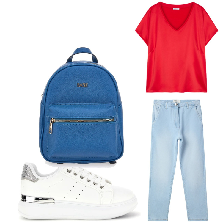 Outfit donna - L\'ultimo giorno di scuola. Stile Casual per Scuola/Università. Abbinamento con jeans skinny, t-shirt, sneakers, zaini.