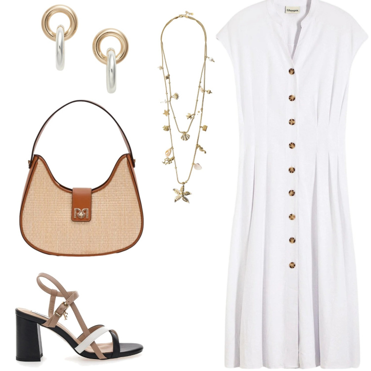 Outfit donna - L\'abito in lino. Stile Basic per Tutti i giorni. Abbinamento con vestiti midi/longuette, borse a spalla, collane, orecchini, sandali col tacco.