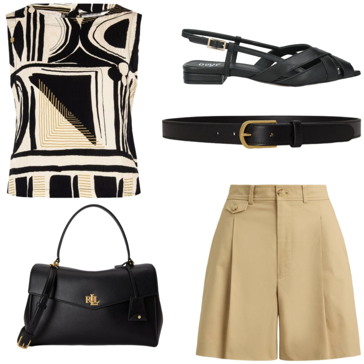 Outfit donna - Geometrie per la blusa estiva. Stile Chic per Tutti i giorni. Abbinamento con sandali in pelle, top, cinture, bermuda, borse a mano.