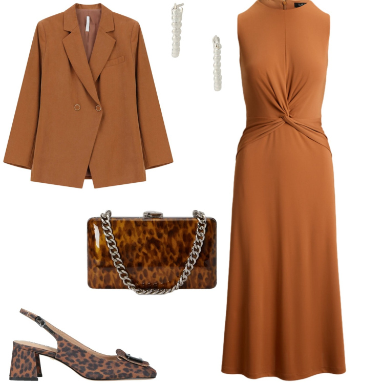 Outfit donna - Chic serata evento speciale. Stile Chic per Serata fuori. Abbinamento con décolleté, blazer, orecchini, vestiti senza maniche, clutch.