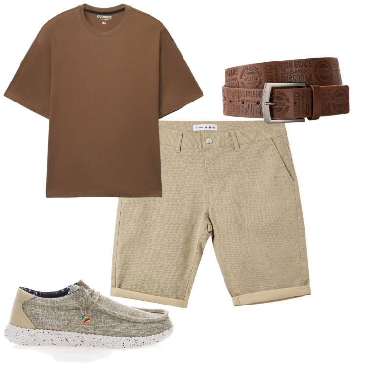 Outfit uomo - Summer. Stile Casual per Tutti i giorni. Abbinamento con cinture, pantaloni corti, t-shirt, scarpe stringate.
