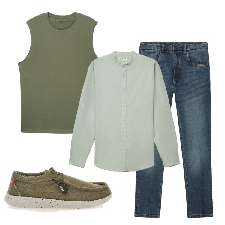 Outfit uomo - Fresco. Stile Casual per Tutti i giorni. Abbinamento con camicie, canottiere, jeans, scarpe stringate.