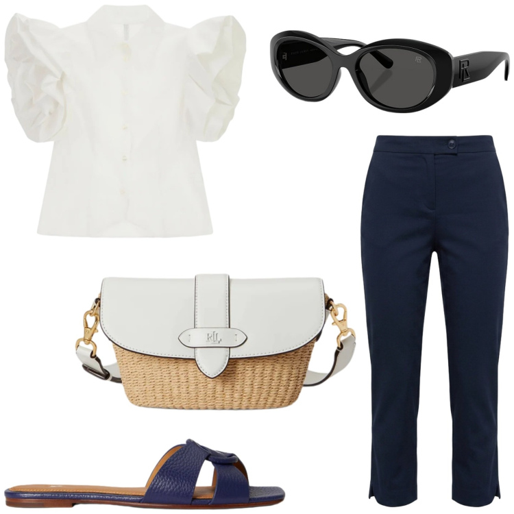 Outfit donna - Anni 60 vibes. Stile Vintage retrò per Tutti i giorni. Abbinamento con camicie a manica corta, pantaloni capri, occhiali da sole, borse a spalla, sandali in pelle.