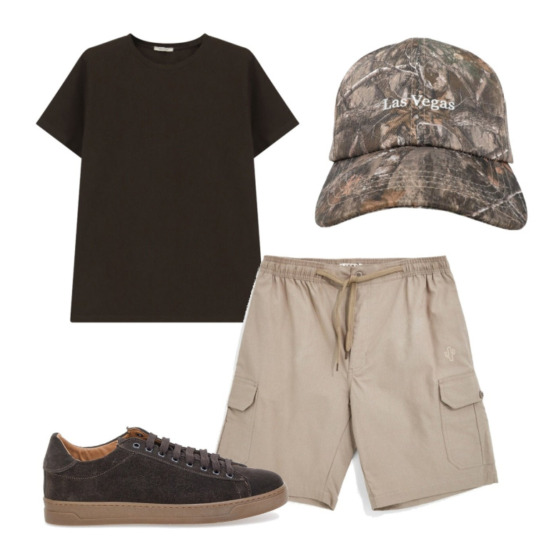 Outfit uomo - Dinamic mood. Stile Casual per Tutti i giorni. Abbinamento con cappelli con visiera, t-shirt, sneakers, bermuda.