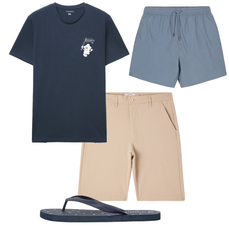 Outfit uomo - Sea. Stile Casual per Tutti i giorni. Abbinamento con sandali, shorts, t-shirt, costumi.