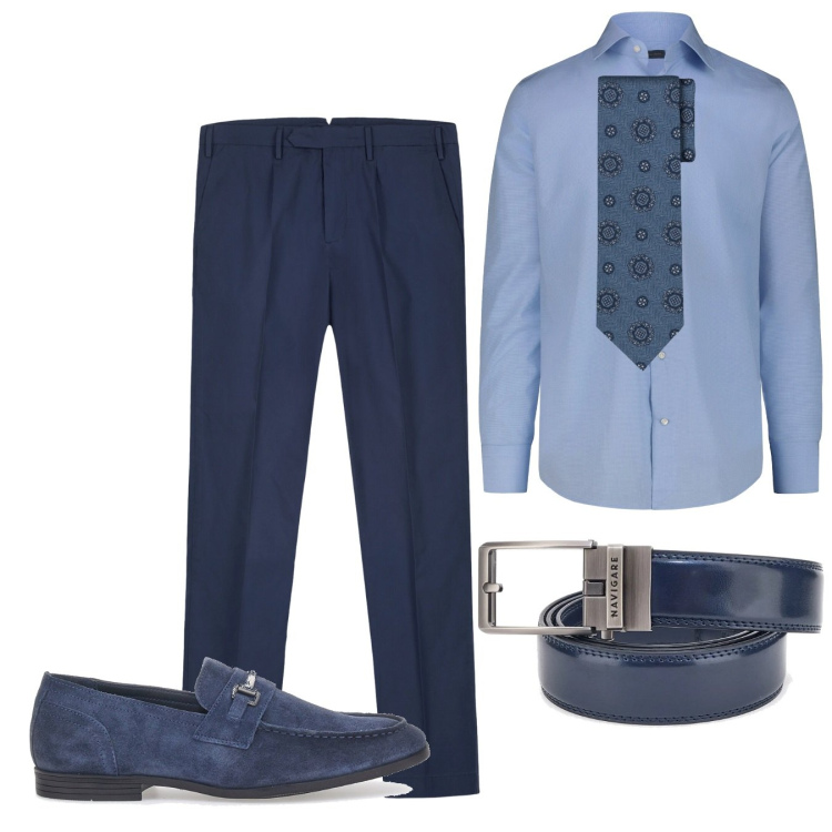 Outfit uomo - Blue man. Stile Business/Elegante per Serata speciale. Abbinamento con pantaloni, cravatte, camicie, scarpe stringate, cinture.