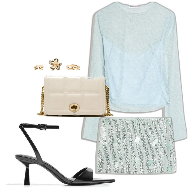 Outfit mujer - Glamour #2986. Estilo Glamour para Ceremonia. Combinación con anillos, sandalias de tacón, camiseta, bolsos de mano, faldas.