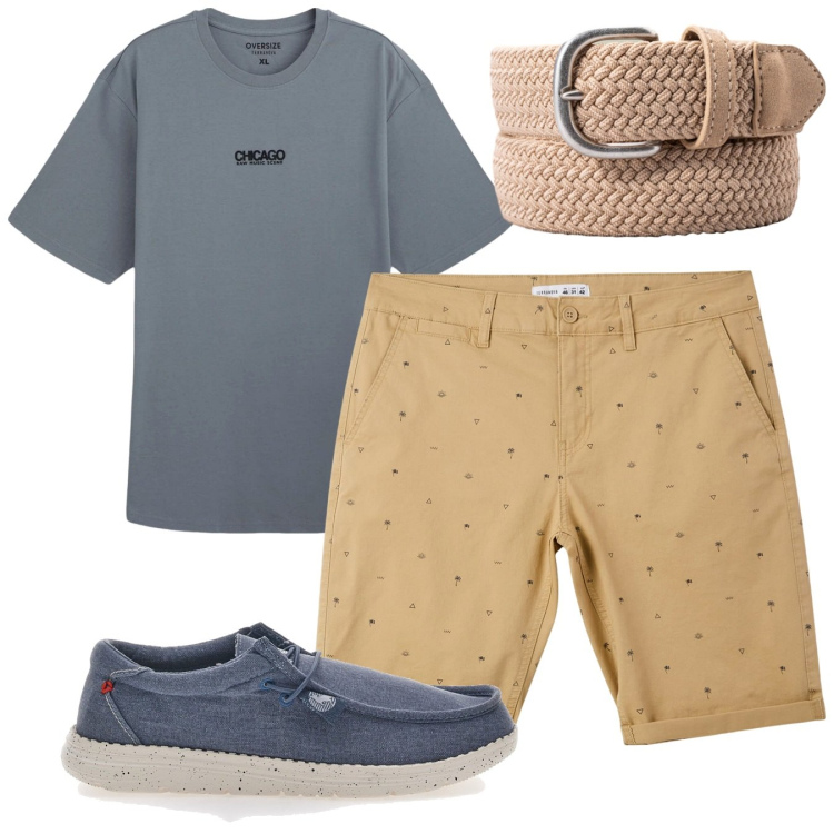 Outfit uomo - Weekend. Stile Casual per Tutti i giorni. Abbinamento con pantaloni corti, t-shirt, cinture, scarpe stringate.