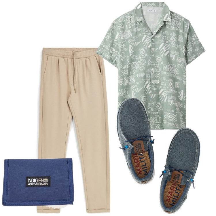 Outfit uomo - In libertà. Stile Casual per Tutti i giorni. Abbinamento con camicie a manica corta, scarpe stringate, portafogli, pantaloni.